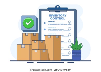 Concept of product inventory management, Warehouse management, Management of incoming and outgoing goods, inventory control, Logistics services, Warehouse employees keep delivery records. flat vector.