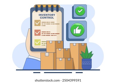 Concept of product inventory management, Warehouse management, Management of incoming and outgoing goods, inventory control, Logistics services, Warehouse employees keep delivery records. flat vector.