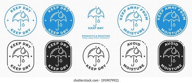 Concept product labeling - Protect from moisture or keep dry. Umbrella with drops in a round stamp. Information sticker for packaging. Vector illustration