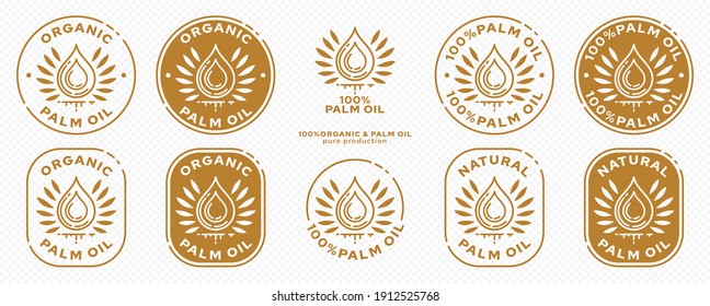 Concept for product packaging. The label is natural organic palm oil. Oil drop icon with palm leaf wings and liquid ingredient line. Vector set.