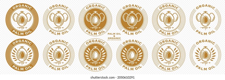 Concept for product packaging. The label is natural organic palm oil. Oil drop icon with palm leaf wings and liquid ingredient line. Vector set.