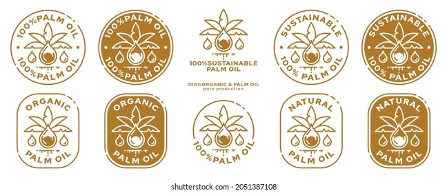 Concept for product packaging. The label is natural organic palm oil. Oil drop icon with palm leaf and liquid ingredient line. Vector set.