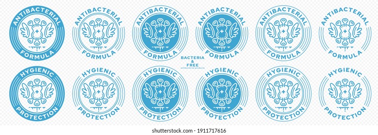 Concept for product packaging. Labeling - antibacterial formula and hygienic protection. The bacterium icon with wings is a symbol of freedom. Vector set.