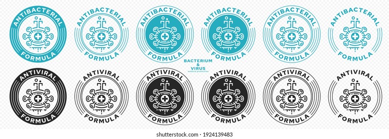 Concept for product packaging. Labeling - antibacterial formula. Antibacterial molecule with test drops - protection symbol. Vector set.