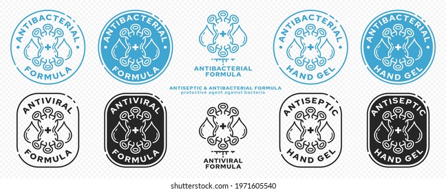 Concept for product packaging. Labeling - antibacterial formula. Antibacterial molecule with test drops - protection symbol. Vector set.