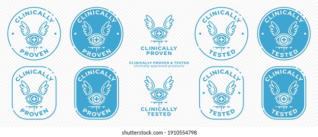 Concept for product packaging. Labeling - clinically tested. Medical eye icon with wings. Vector set.