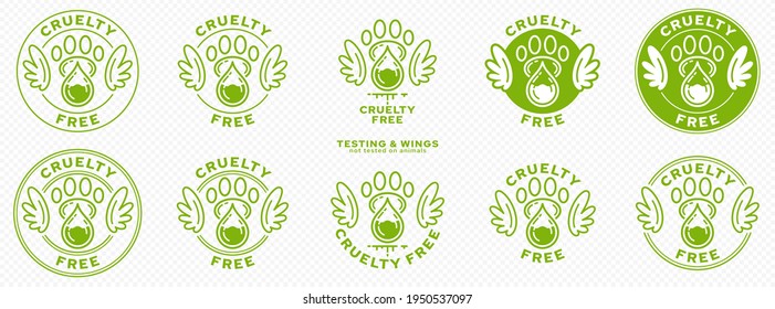 Concept for product packaging. Labeling - cruelty free. Animal footprint icon with test drop and wings - symbol of freedom to test on animals. Vector set.