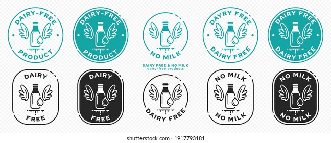 Concept for product packaging. Labeling - dairy free, milk free. A bottle with milk and wings is a symbol of freedom from dairy ingredients. Vector set.