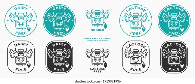Concept for product packaging. Labeling - dairy-free product, lactose free. Icon of a milk can-cow with wings - a symbol of freedom from the ingredient .. Vector set.