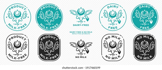 Concepto para el embalaje del producto. El etiquetado es un producto sin leche. Vaca con gota de leche y alas - un símbolo de libertad del ingrediente. Conjunto de vectores.