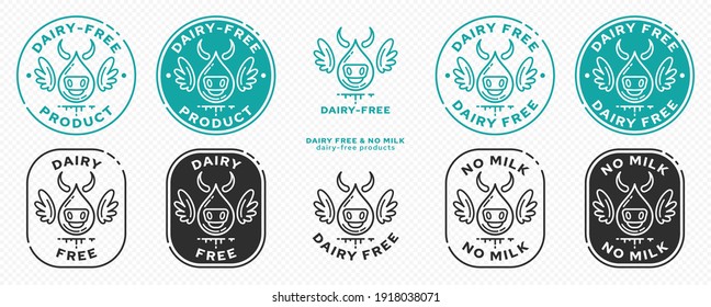 Concept for product packaging. The labeling is a dairy-free product. Milk drop icon with cow, wings and liquid ingredient line is a symbol of freedom from ingredient. Vector set.