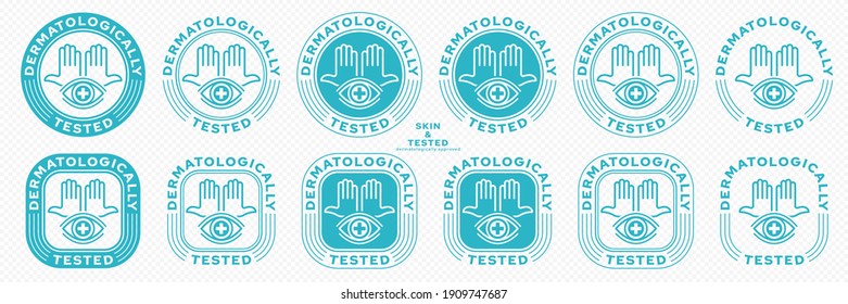 Concept for product packaging. Labeling - dermatologically tested. Human palms icon with medical eye - dermatologist check symbol. Vector set.
