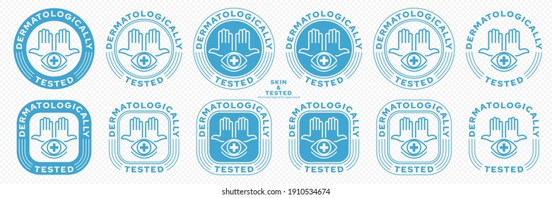 Konzept für Produktverpackungen. Etikettierung - dermatologisch geprüft. Das Symbol für menschliche Handflächen mit medizinischem Auge - Prüfsymbol für Dermatologe. Vektorset.