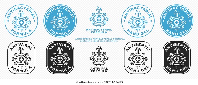 Concept for product packaging. Labeling - GMO-free. Chemical medical flask icon with microbe and liquid line - protection symbol. Vector set.