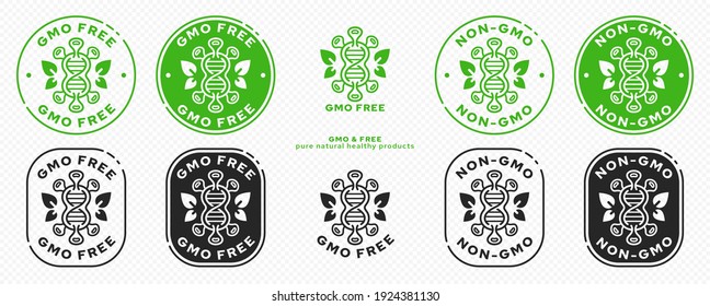 Concept for product packaging. Labeling - GMO-free. Molecule or microorganism icon with gene and leaves - wings - symbol of GMO freedom - symbol of natural ingredients. Vector set.