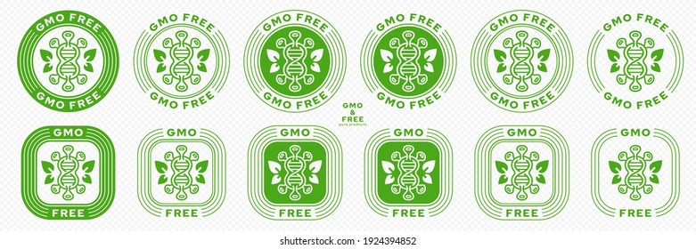 Concept for product packaging. Labeling - GMO-free. Molecule or microorganism icon with gene and leaves - wings - symbol of GMO freedom - symbol of natural ingredients. Vector set.
