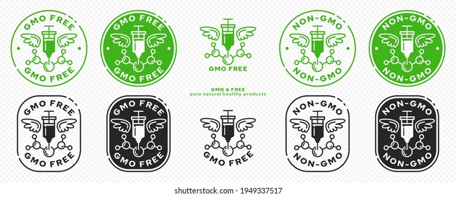 Concept for product packaging. Labeling - GMO-free. Syringe with drug and molecule - gene. Modifying injection of a molecule with wings - a symbol of freedom from modification. Vector set.