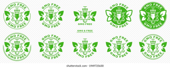 Concept for product packaging. Labeling - GMO-free. Syringe with drug and molecule - gene. Modifying injection of a molecule with wings-leaves - a symbol of pure natural products. Vector set.