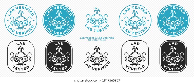 Konzept für Produktverpackungen. Etikettierung - Laboruntersuchung. Das Symbol eines Arztes oder Laborassistenten in Form eines Forschungskolben mit Brille ist ein Symbol für medizinische Forschung oder Überprüfung. Vektorgrafik