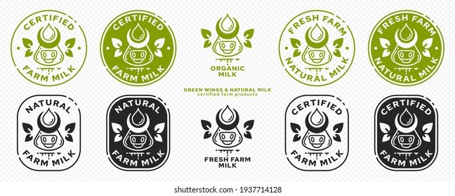 Concept for product packaging. Labeling - natural farm milk. Cow icon with milk drop and leaf-ears or leaf-wings - a symbol of a natural ingredient. Natural organic products symbol. Vector set.	