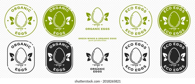 Concepto para el embalaje del producto. Etiquetado - Huevos orgánicos de granja naturales. El ícono del huevo de pollo con hojas aladas es un símbolo de productos orgánicos naturales. Conjunto de vectores.