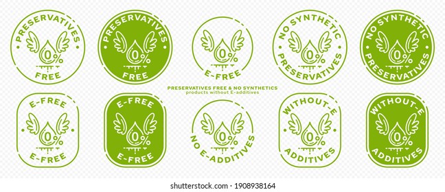 Concept for product packaging. Labeling - no preservatives. Zero percent in a drop-ingredient with wings - a symbol of freedom from synthetic preservatives in the composition. Vector set.