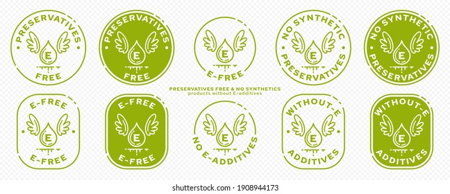 Concept for product packaging. Labeling - no preservatives. Ingredient drop icon with synthetic E-preservative and wings - symbol of freedom from ingredient. Vector set.