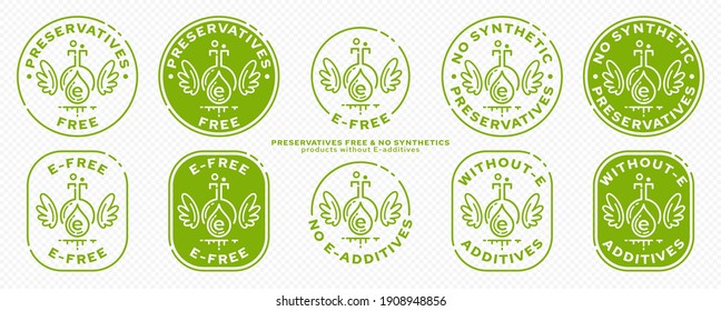 Concept for product packaging. Labeling - no preservatives. Ingredient drop flask with wings - a symbol of freedom from synthetic preservatives in the composition. Vector set.