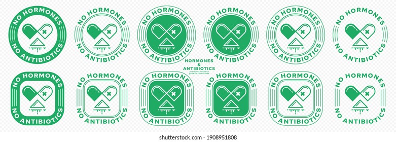 Concept for product packaging. Labeling - no hormones or antibiotics. A stamp with an open capsule badge, poured medication and a line of flowing ingredient - a symbol of freedom. Vector set.