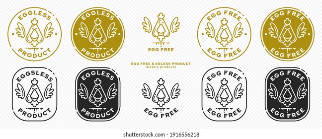 Concept for product packaging. Labeling - no eggs. Chicken head icon with wings and liquid ingredient line - symbol of freedom. Vector set.