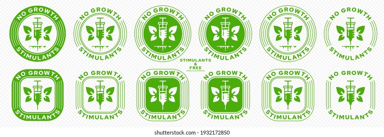 Concept for product packaging. Labeling - no growth stimulants. Injection icon with drugs and winged leaves - a symbol of natural products. Vector set.