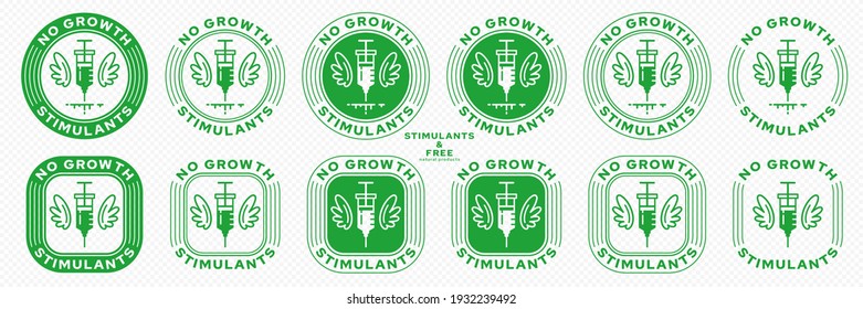 Concept for product packaging. Labeling - no growth stimulants. Injection icon with drugs and wings - a symbol of natural products. Vector set.