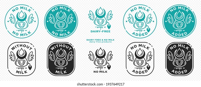 Concept for product packaging. Labeling - no milk. Cow head icon with horns, milk drop and wings - a symbol of freedom from the ingredient. Vector set.