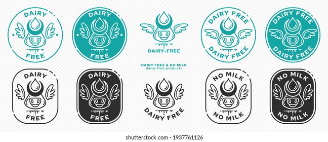 Concept for product packaging. Labeling - no milk. Cow head icon with horns, milk drop and wings - a symbol of freedom from the ingredient. Vector set.
