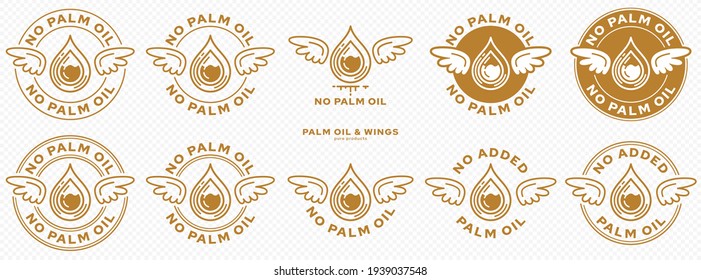 Concept for product packaging. Labeling - no palm oil. The stamp with wings, palm oil drop is a symbol of freedom from the ingredient. Vector elements.