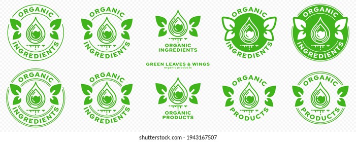 Concepto para el embalaje del producto. Etiquetado - ingredientes y productos orgánicos. Sello con alas de hoja - símbolo de los componentes naturales flotando en el producto. gota de ingrediente perfundida en verde. Vector