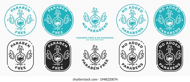 Concept for product packaging. Labeling - paraben free. A paraben chemical flask, with wings and a line of flowing ingredient - a symbol of freedom from parabens. Vector