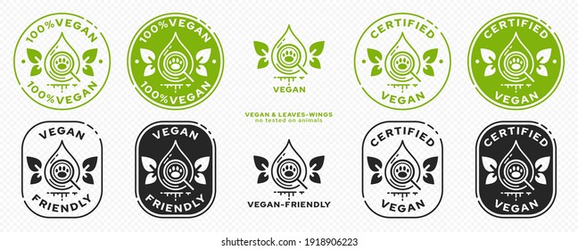 Concept for product packaging. Labeling - Vegan. The symbol for the drop tested for ingredients of animal origin is the result of a plant-based vegan product. Drop with wing-leaves. Vector set.