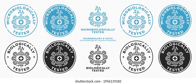 Concept for product packaging. Marking - microbiologically and biologically protected. A micromolecule with a scientific laboratory flask is a symbol of scientific research. Vector elements.