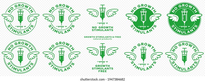 Concept for product packaging. Marking - without growth stimulants. A stamp with wings and a syringe with a drug - a symbol of freedom from growth regulators. Vector elements.