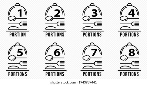 Concept for product packaging or menu. Labeling - number of servings per dish. Serving utensils with cutlery and recommended servings. Vector set.