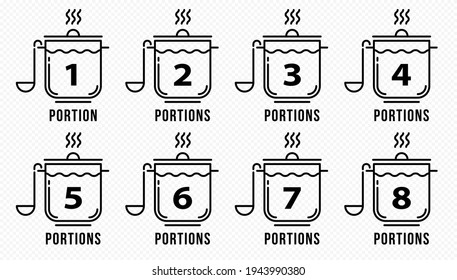 Concept for product packaging or menu. Labeling is the number of servings per dish. Casserole with soup or broth with ladle and recommended servings. Vector set.