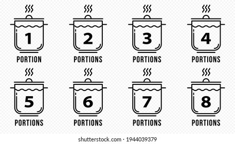 Concept for product packaging or menu. Labeling is the number of servings per dish. Casserole with soup or broth with ladle and recommended servings. Vector set.