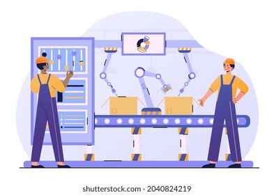 Concept of production control. Two men check box packing machine. Automatic production. Factory employee working with interactive interface. Flat vector illustration isolated on white background