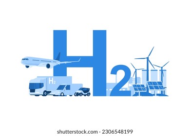 The concept of production and use as an energy source in the transport of hydrogen. Vector illustration.