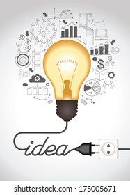 Concept of productive business ideas. Lightbulb with drawing graphics around. Lamp is plugged. Cable forms a word idea. The file is saved in the version AI10 EPS. This image contains transparency.