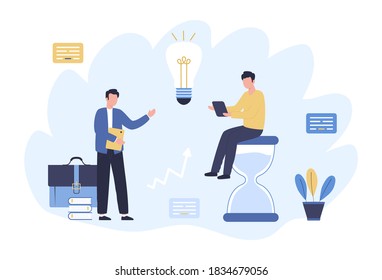 El concepto de trabajo productivo en la oficina. Discusión de proyectos y análisis de eficiencia. Multitarea de administración de tiempo exitosa. Cumplimiento de las normas y reglamentos. Ilustración vectorial plana