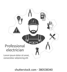 Concept of profession electrician. Repair and maintenance of electricity, service. Tools, equipment. Banner, template, logo, background. Vector. Electrician occupation.