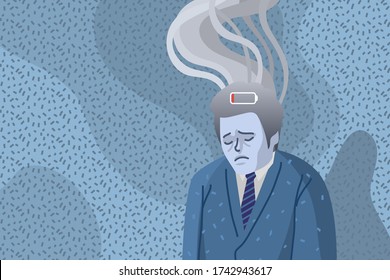 Concept of professional burnout, sad and tired man with smoke above his head on blue background. Flat design, vector illustration.