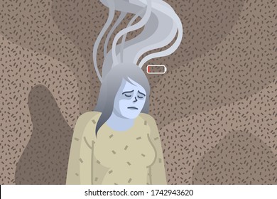 Concept of professional burnout, sad and tired woman with smoke above her head. Flat design, vector illustration.